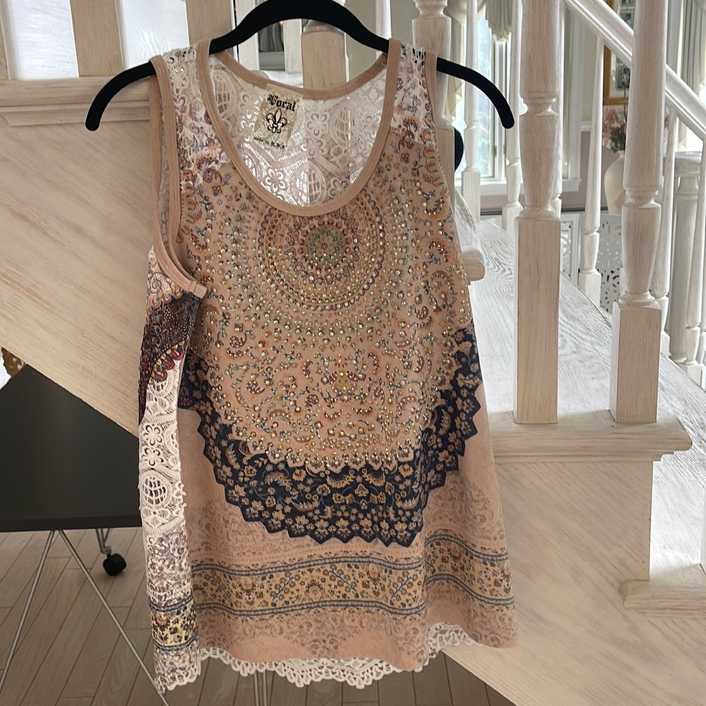 Gems and lace tank top